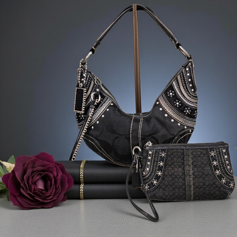 Coach Mia 2006 RARE & Vintage Black & Silver Hobo Set